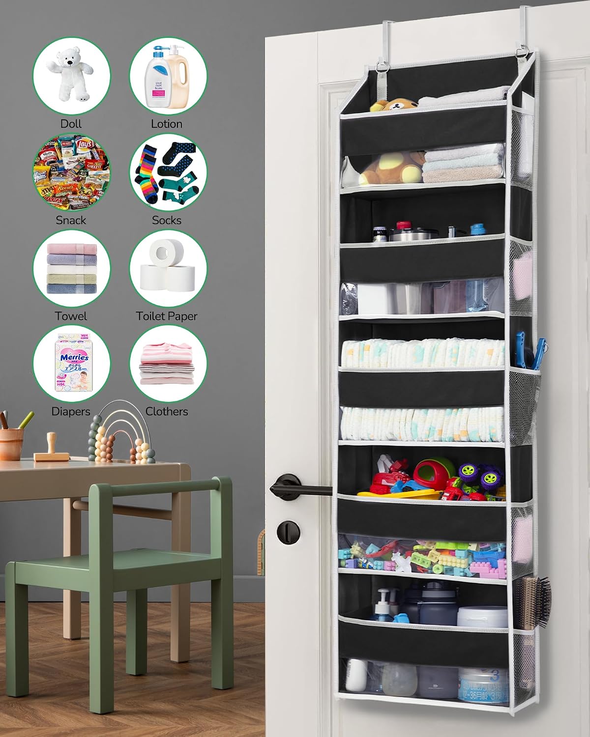 Over Door Organizer with 5 Large and 10 Mesh Side Pockets, 44 lbs Weight Capacity Hanging Storage with Clear Window Kids Toys, Shoes, Diapers, Dark Grey, 5 Layers