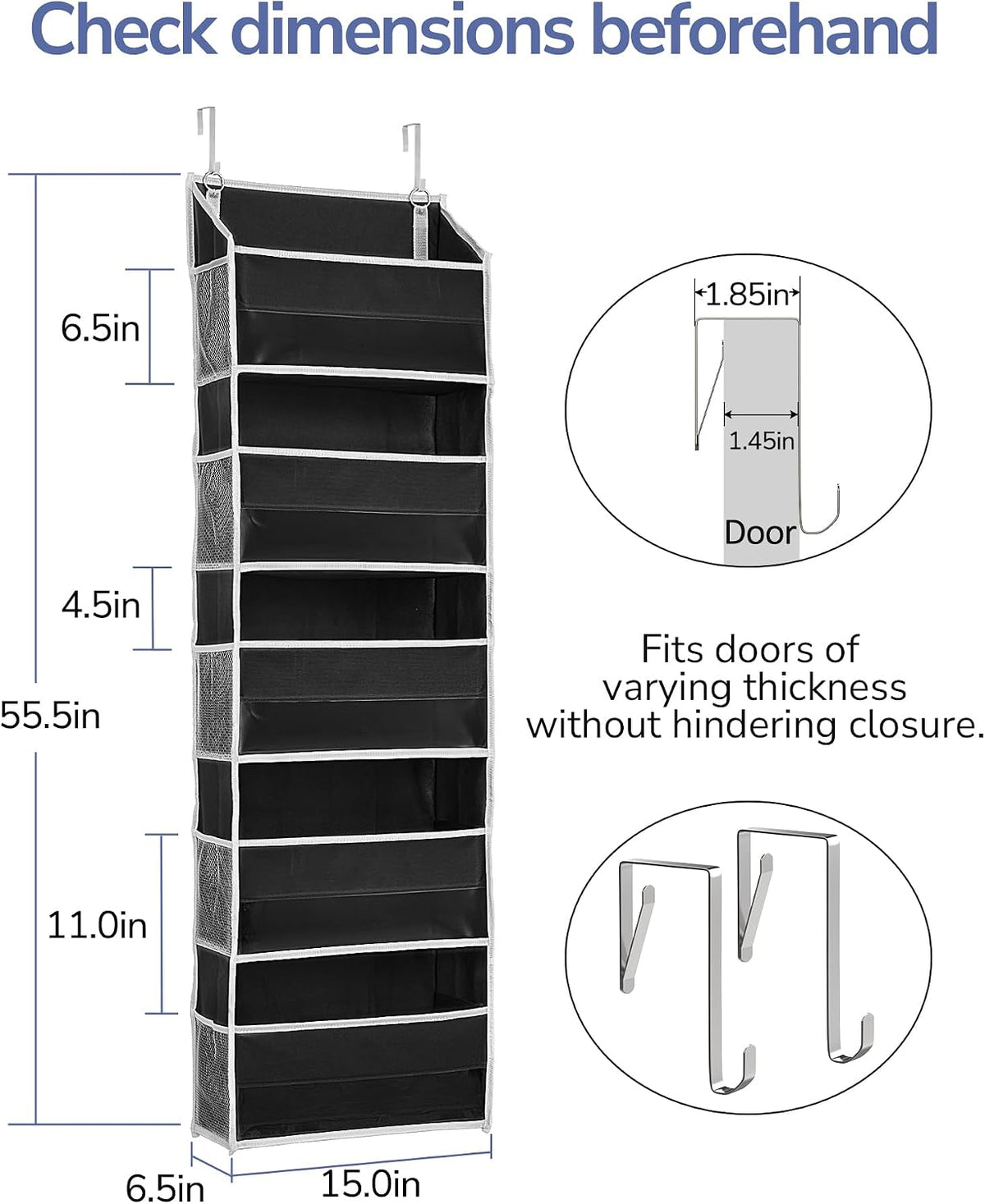 Over Door Organizer with 5 Large and 10 Mesh Side Pockets, 44 lbs Weight Capacity Hanging Storage with Clear Window Kids Toys, Shoes, Diapers, Dark Grey, 5 Layers