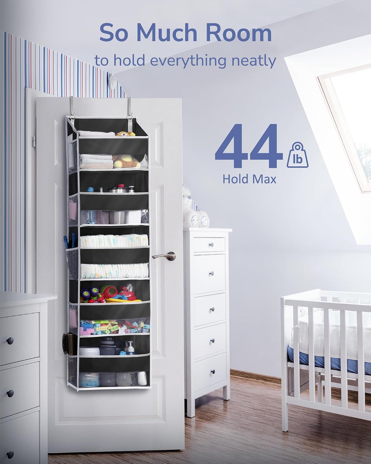 Over Door Organizer with 5 Large and 10 Mesh Side Pockets, 44 lbs Weight Capacity Hanging Storage with Clear Window Kids Toys, Shoes, Diapers, Dark Grey, 5 Layers