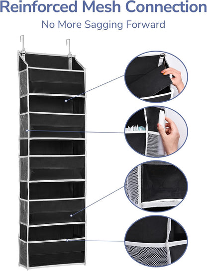 Over Door Organizer with 5 Large and 10 Mesh Side Pockets, 44 lbs Weight Capacity Hanging Storage with Clear Window Kids Toys, Shoes, Diapers, Dark Grey, 5 Layers
