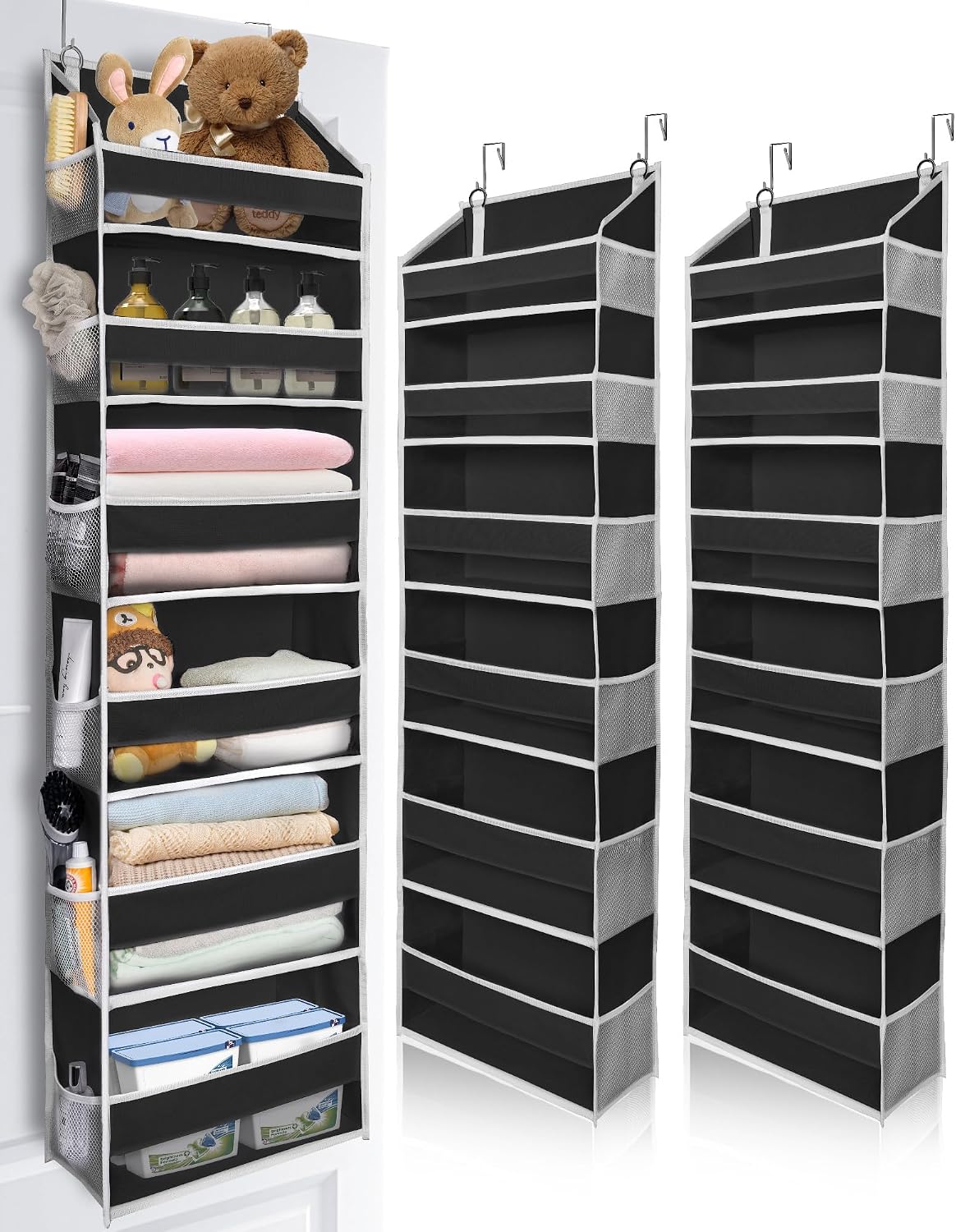 Over Door Organizer with 5 Large and 10 Mesh Side Pockets, 44 lbs Weight Capacity Hanging Storage with Clear Window Kids Toys, Shoes, Diapers, Dark Grey, 5 Layers