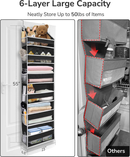 Over Door Organizer with 5 Large and 10 Mesh Side Pockets, 44 lbs Weight Capacity Hanging Storage with Clear Window Kids Toys, Shoes, Diapers, Dark Grey, 5 Layers