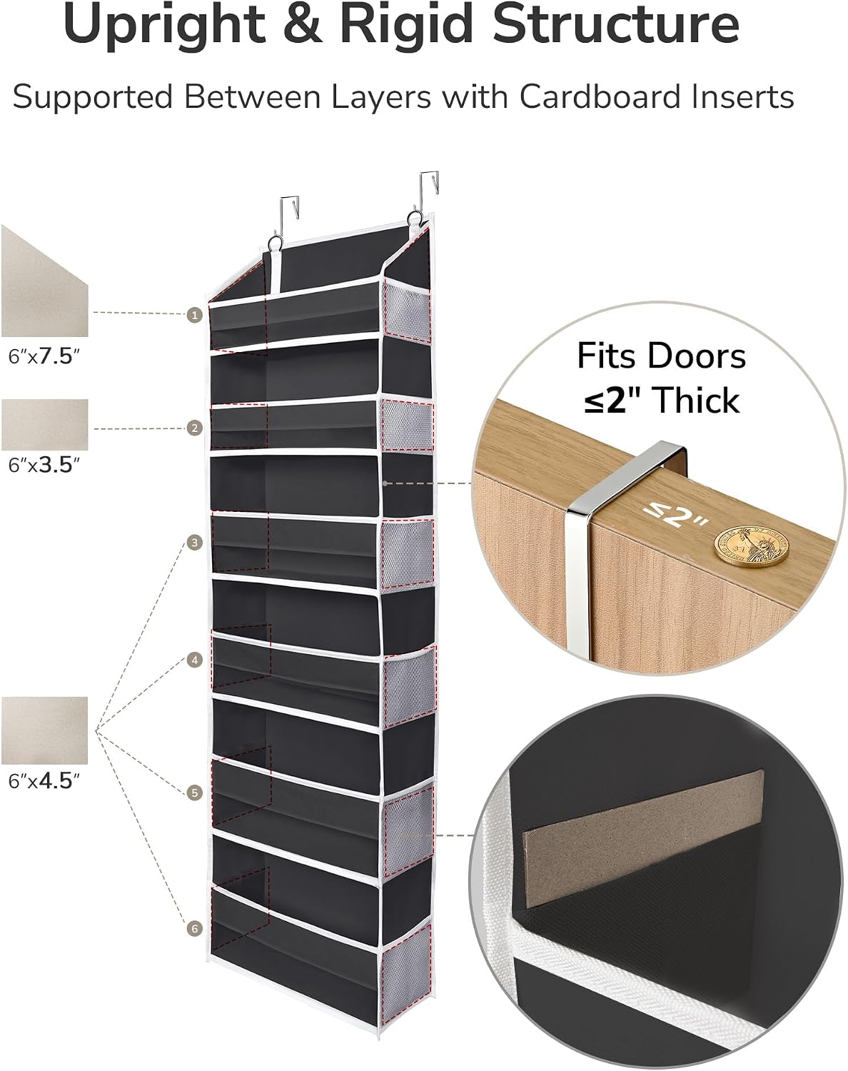 Over Door Organizer with 5 Large and 10 Mesh Side Pockets, 44 lbs Weight Capacity Hanging Storage with Clear Window Kids Toys, Shoes, Diapers, Dark Grey, 5 Layers