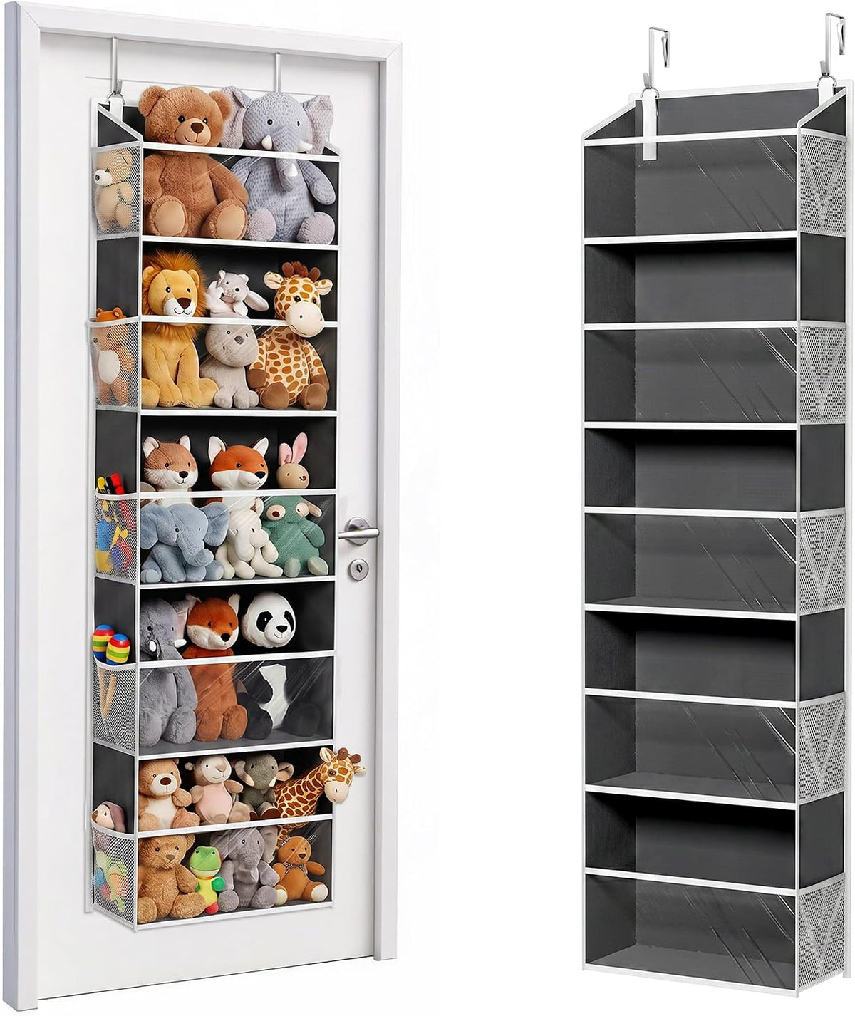 Over Door Organizer with 5 Large and 10 Mesh Side Pockets, 44 lbs Weight Capacity Hanging Storage with Clear Window Kids Toys, Shoes, Diapers, Dark Grey, 5 Layers