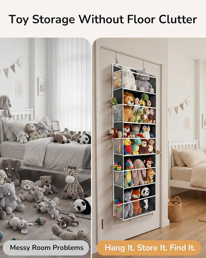 Over Door Organizer with 5 Large and 10 Mesh Side Pockets, 44 lbs Weight Capacity Hanging Storage with Clear Window Kids Toys, Shoes, Diapers, Dark Grey, 5 Layers