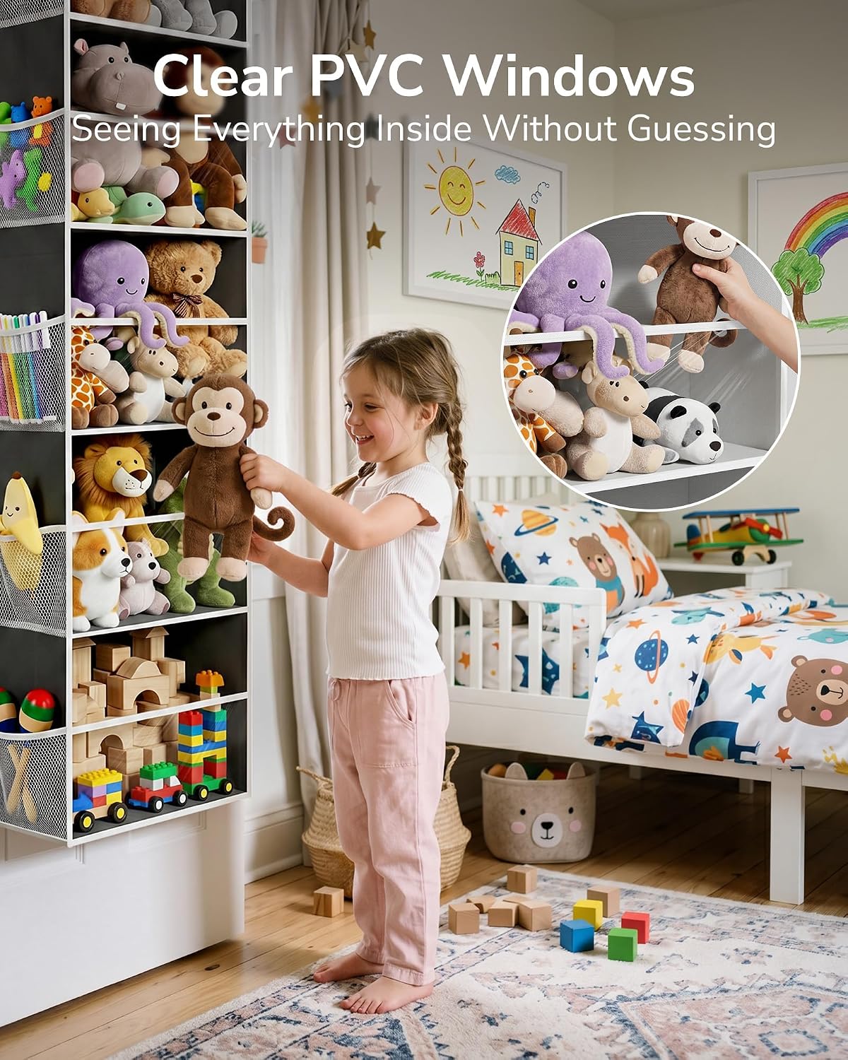 Over Door Organizer with 5 Large and 10 Mesh Side Pockets, 44 lbs Weight Capacity Hanging Storage with Clear Window Kids Toys, Shoes, Diapers, Dark Grey, 5 Layers