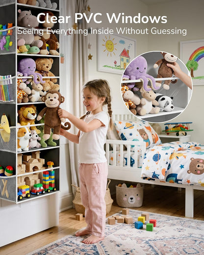 Over Door Organizer with 5 Large and 10 Mesh Side Pockets, 44 lbs Weight Capacity Hanging Storage with Clear Window Kids Toys, Shoes, Diapers, Dark Grey, 5 Layers