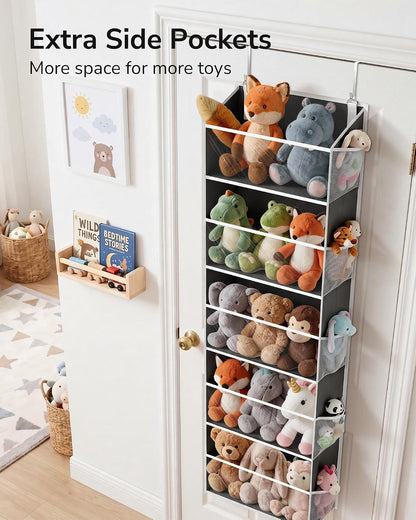 Over Door Organizer with 5 Large and 10 Mesh Side Pockets, 44 lbs Weight Capacity Hanging Storage with Clear Window Kids Toys, Shoes, Diapers, Dark Grey, 5 Layers
