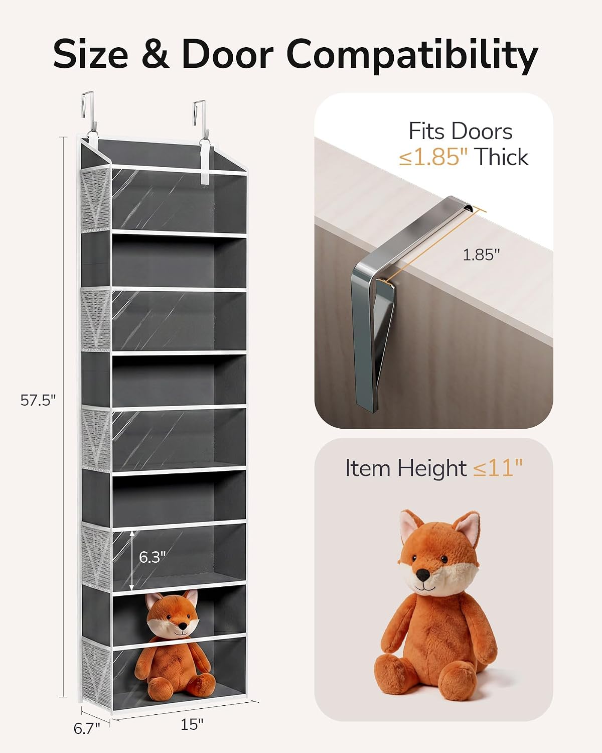Over Door Organizer with 5 Large and 10 Mesh Side Pockets, 44 lbs Weight Capacity Hanging Storage with Clear Window Kids Toys, Shoes, Diapers, Dark Grey, 5 Layers