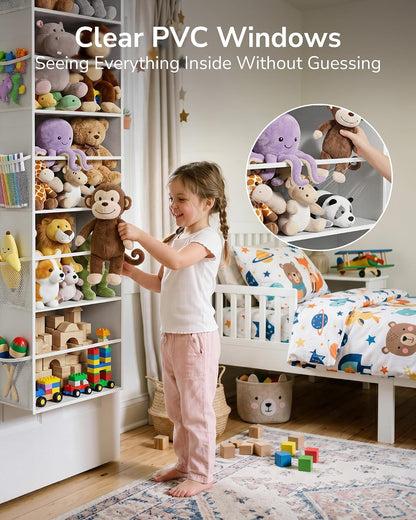 Over Door Organizer with 5 Large and 10 Mesh Side Pockets, 44 lbs Weight Capacity Hanging Storage with Clear Window Kids Toys, Shoes, Diapers, Dark Grey, 5 Layers