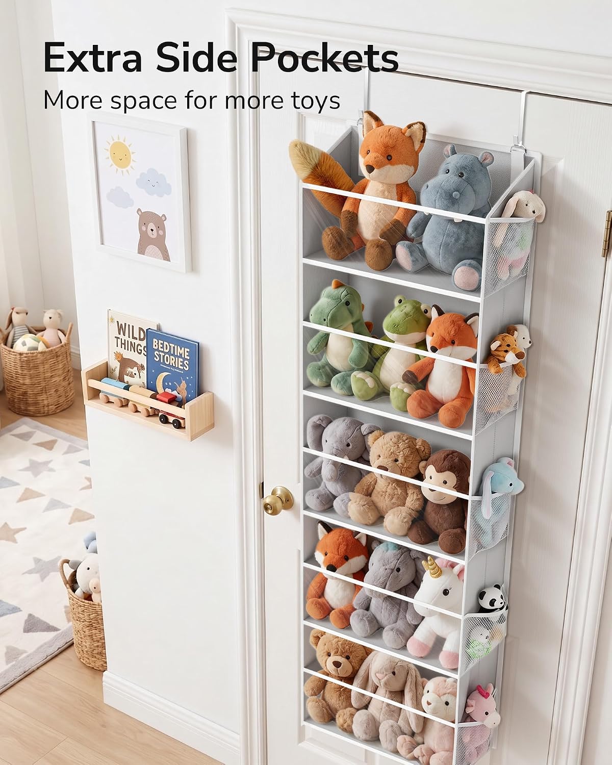 Over Door Organizer with 5 Large and 10 Mesh Side Pockets, 44 lbs Weight Capacity Hanging Storage with Clear Window Kids Toys, Shoes, Diapers, Dark Grey, 5 Layers