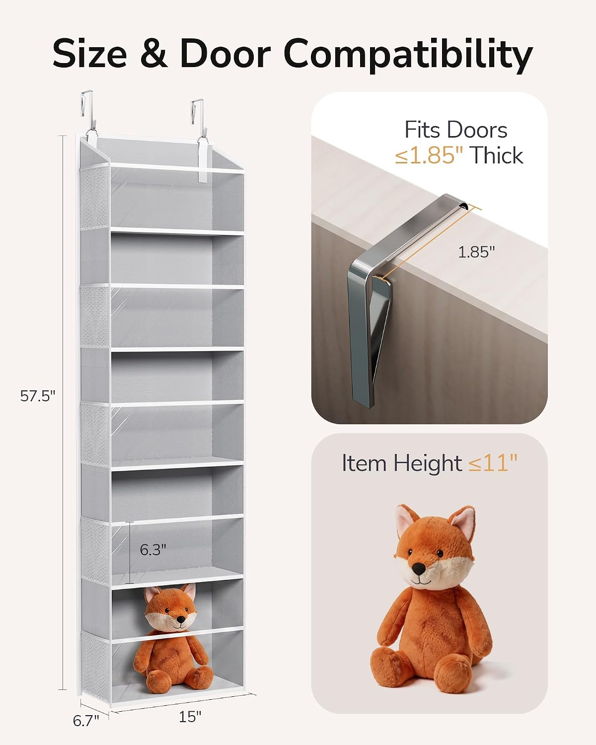 Over Door Organizer with 5 Large and 10 Mesh Side Pockets, 44 lbs Weight Capacity Hanging Storage with Clear Window Kids Toys, Shoes, Diapers, Dark Grey, 5 Layers