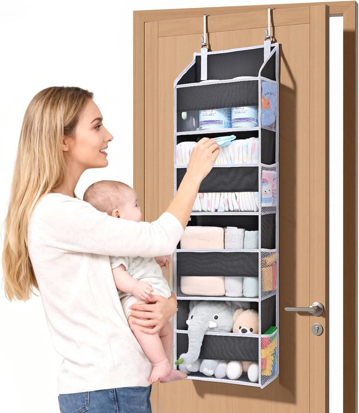Over Door Organizer with 5 Large and 10 Mesh Side Pockets, 44 lbs Weight Capacity Hanging Storage with Clear Window Kids Toys, Shoes, Diapers, Dark Grey, 5 Layers