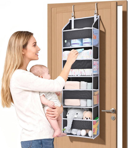 Over Door Organizer with 5 Large and 10 Mesh Side Pockets, 44 lbs Weight Capacity Hanging Storage with Clear Window Kids Toys, Shoes, Diapers, Dark Grey, 5 Layers