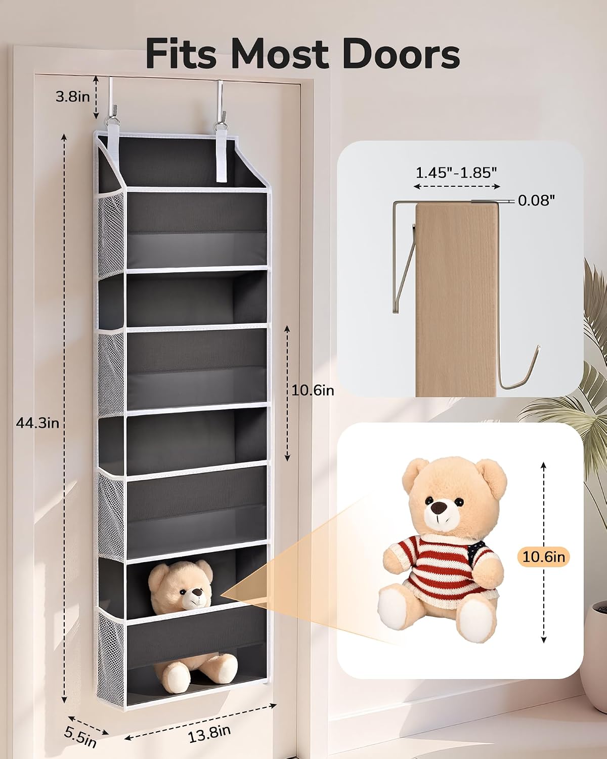 Over Door Organizer with 5 Large and 10 Mesh Side Pockets, 44 lbs Weight Capacity Hanging Storage with Clear Window Kids Toys, Shoes, Diapers, Dark Grey, 5 Layers