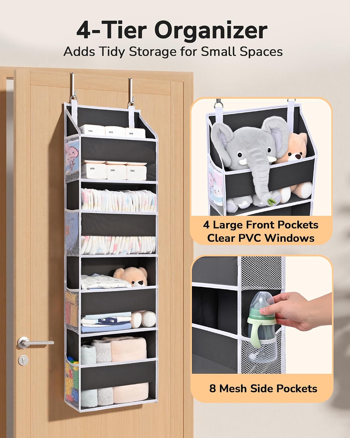 Over Door Organizer with 5 Large and 10 Mesh Side Pockets, 44 lbs Weight Capacity Hanging Storage with Clear Window Kids Toys, Shoes, Diapers, Dark Grey, 5 Layers