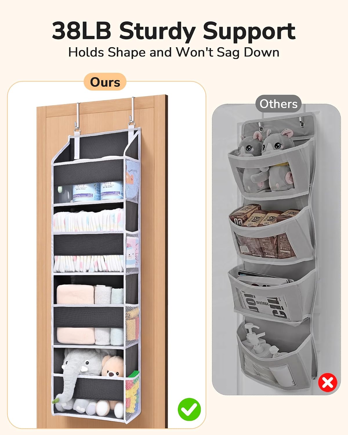 Over Door Organizer with 5 Large and 10 Mesh Side Pockets, 44 lbs Weight Capacity Hanging Storage with Clear Window Kids Toys, Shoes, Diapers, Dark Grey, 5 Layers