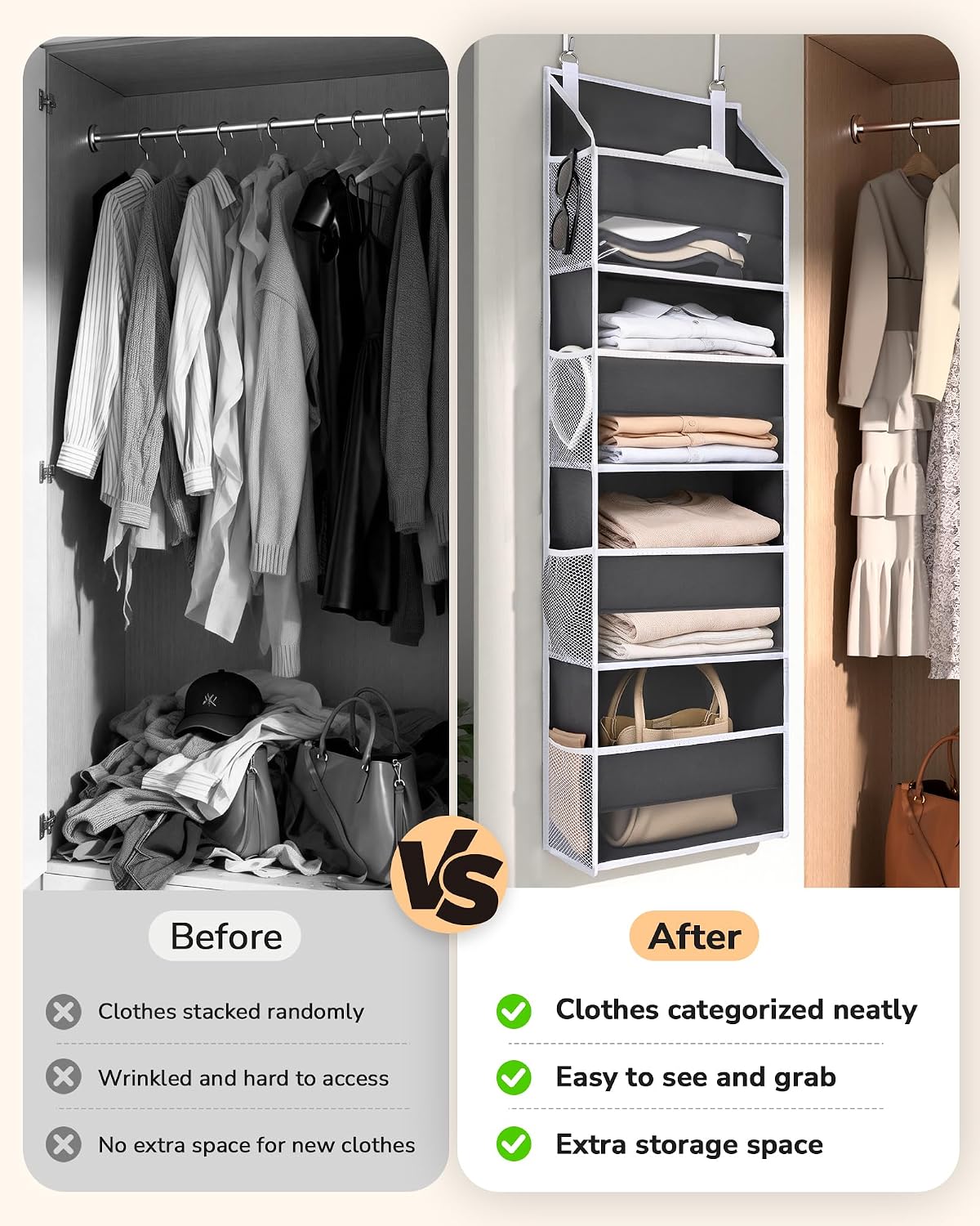 Over Door Organizer with 5 Large and 10 Mesh Side Pockets, 44 lbs Weight Capacity Hanging Storage with Clear Window Kids Toys, Shoes, Diapers, Dark Grey, 5 Layers