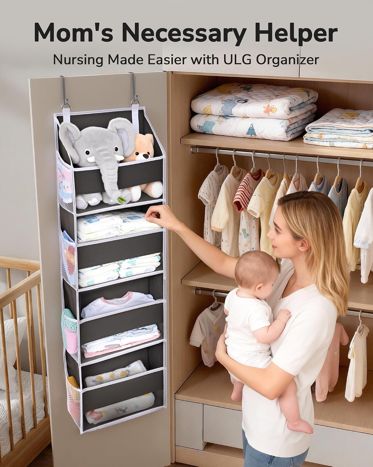 Over Door Organizer with 5 Large and 10 Mesh Side Pockets, 44 lbs Weight Capacity Hanging Storage with Clear Window Kids Toys, Shoes, Diapers, Dark Grey, 5 Layers