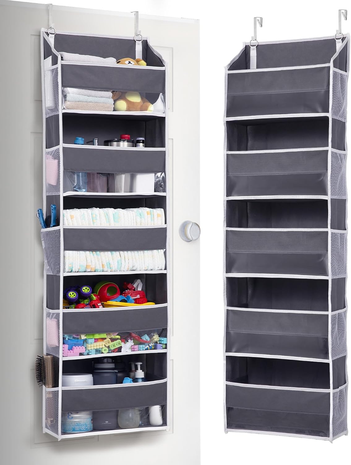 Over Door Organizer with 5 Large and 10 Mesh Side Pockets, 44 lbs Weight Capacity Hanging Storage with Clear Window Kids Toys, Shoes, Diapers, Dark Grey, 5 Layers
