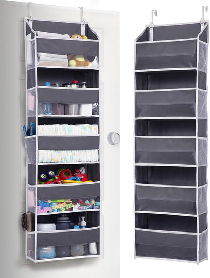 Over Door Organizer with 5 Large and 10 Mesh Side Pockets, 44 lbs Weight Capacity Hanging Storage with Clear Window Kids Toys, Shoes, Diapers, Dark Grey, 5 Layers