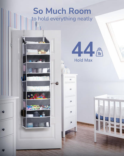 Over Door Organizer with 5 Large and 10 Mesh Side Pockets, 44 lbs Weight Capacity Hanging Storage with Clear Window Kids Toys, Shoes, Diapers, Dark Grey, 5 Layers