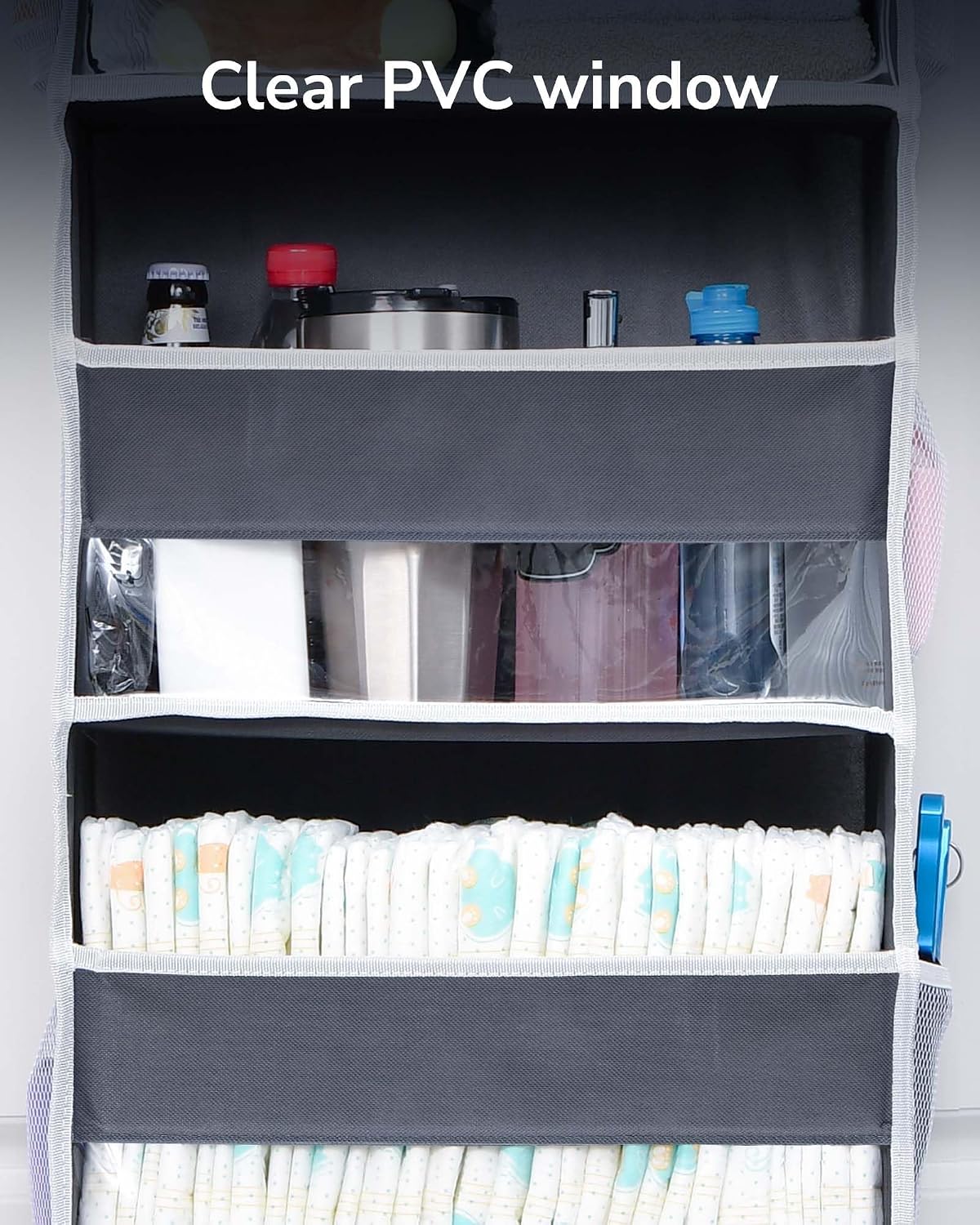 Over Door Organizer with 5 Large and 10 Mesh Side Pockets, 44 lbs Weight Capacity Hanging Storage with Clear Window Kids Toys, Shoes, Diapers, Dark Grey, 5 Layers