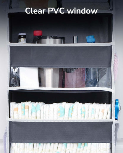Over Door Organizer with 5 Large and 10 Mesh Side Pockets, 44 lbs Weight Capacity Hanging Storage with Clear Window Kids Toys, Shoes, Diapers, Dark Grey, 5 Layers