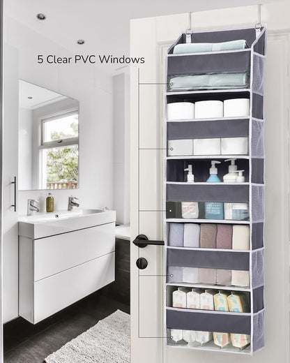 Over Door Organizer with 5 Large and 10 Mesh Side Pockets, 44 lbs Weight Capacity Hanging Storage with Clear Window Kids Toys, Shoes, Diapers, Dark Grey, 5 Layers