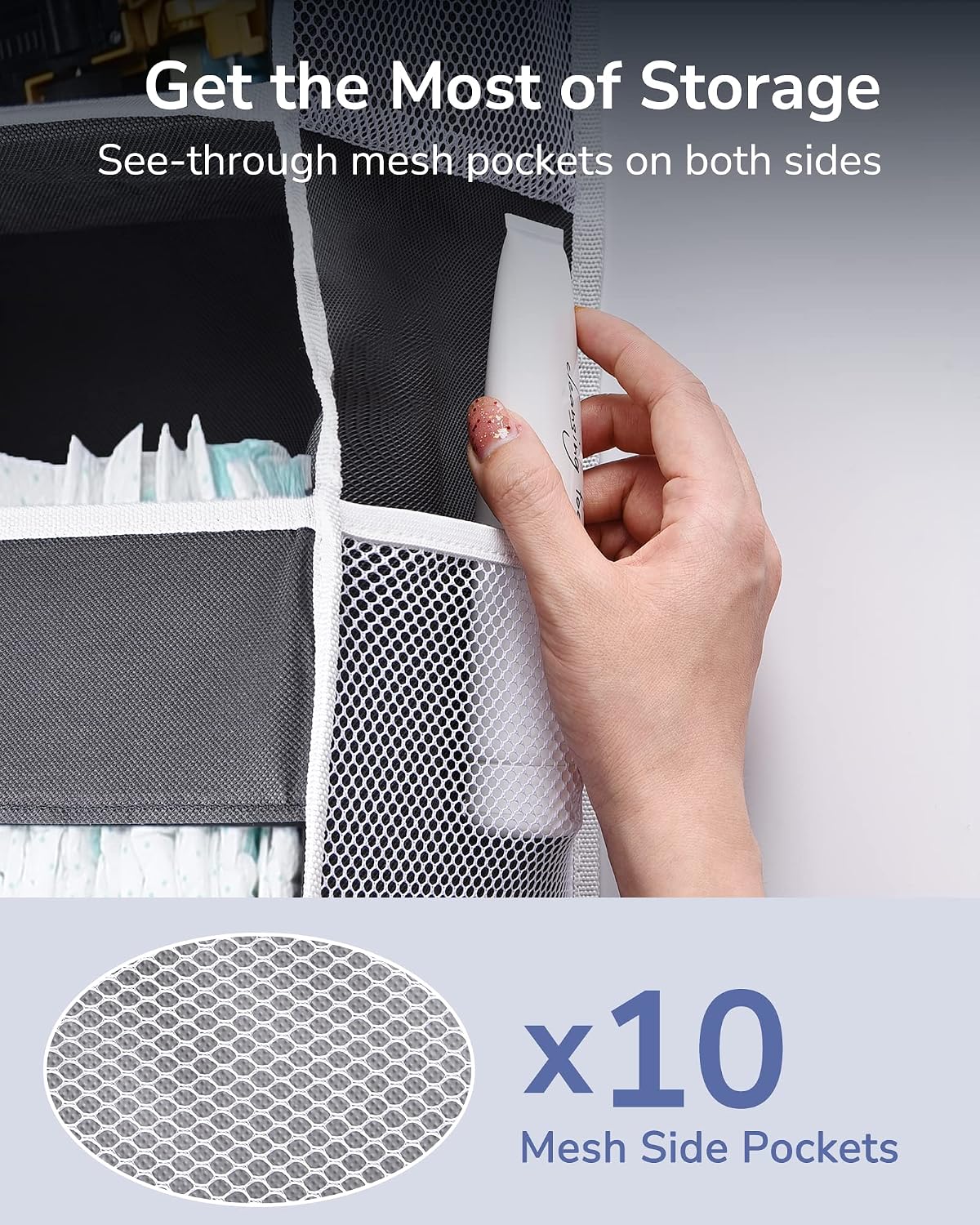 Over Door Organizer with 5 Large and 10 Mesh Side Pockets, 44 lbs Weight Capacity Hanging Storage with Clear Window Kids Toys, Shoes, Diapers, Dark Grey, 5 Layers