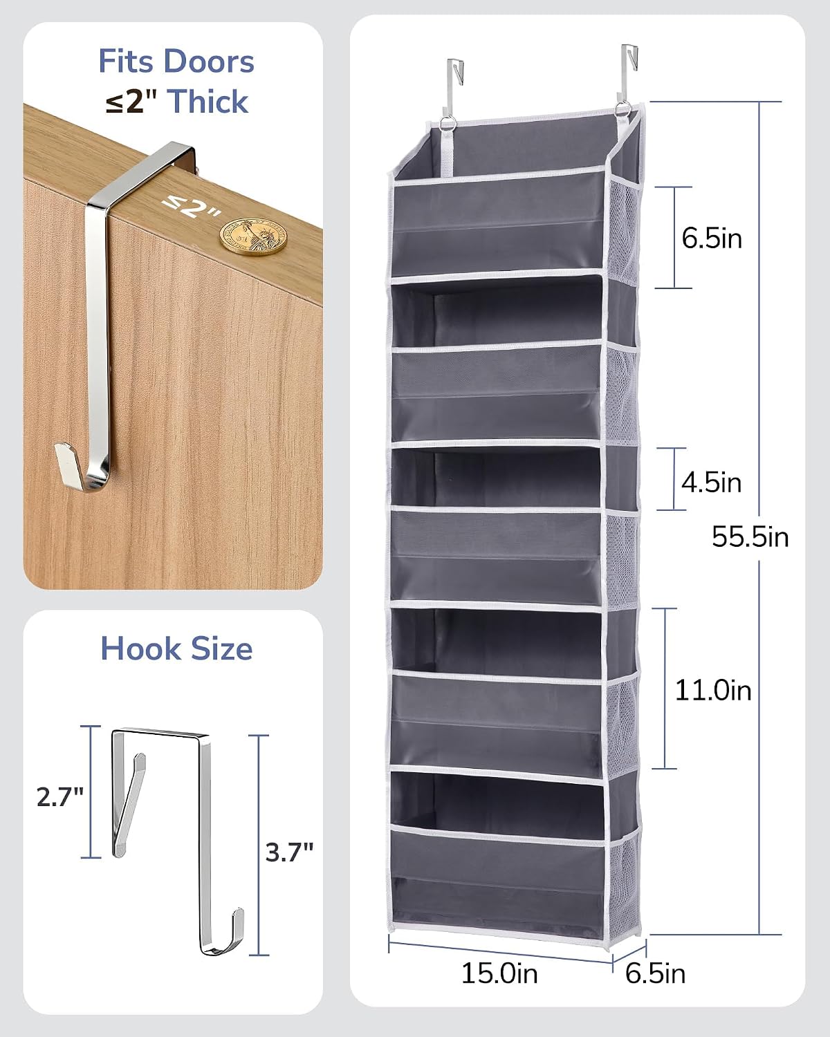 Over Door Organizer with 5 Large and 10 Mesh Side Pockets, 44 lbs Weight Capacity Hanging Storage with Clear Window Kids Toys, Shoes, Diapers, Dark Grey, 5 Layers