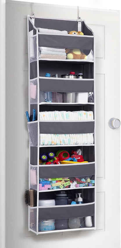 Over Door Organizer with 5 Large and 10 Mesh Side Pockets, 44 lbs Weight Capacity Hanging Storage with Clear Window Kids Toys, Shoes, Diapers, Dark Grey, 5 Layers