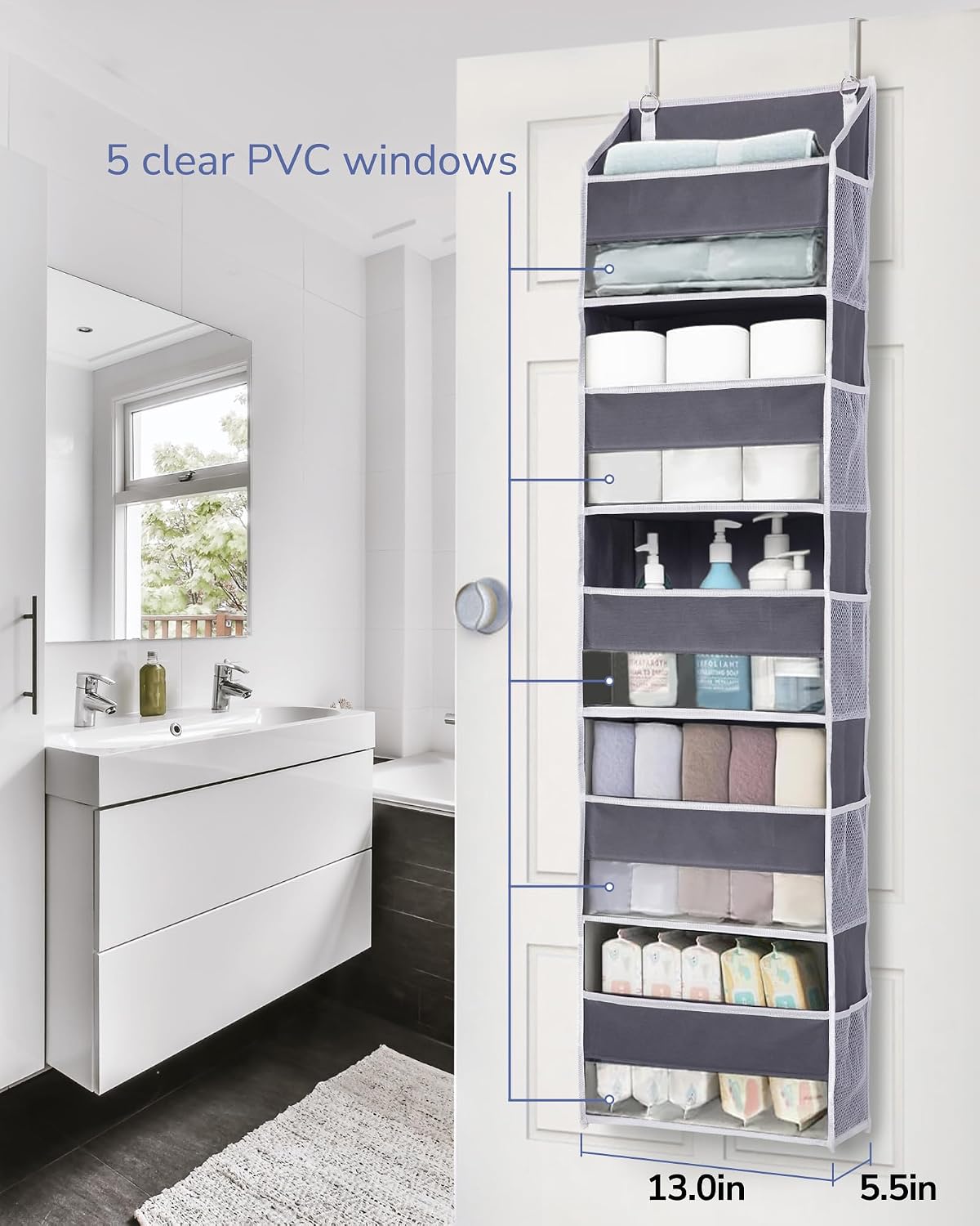 Over Door Organizer with 5 Large and 10 Mesh Side Pockets, 44 lbs Weight Capacity Hanging Storage with Clear Window Kids Toys, Shoes, Diapers, Dark Grey, 5 Layers