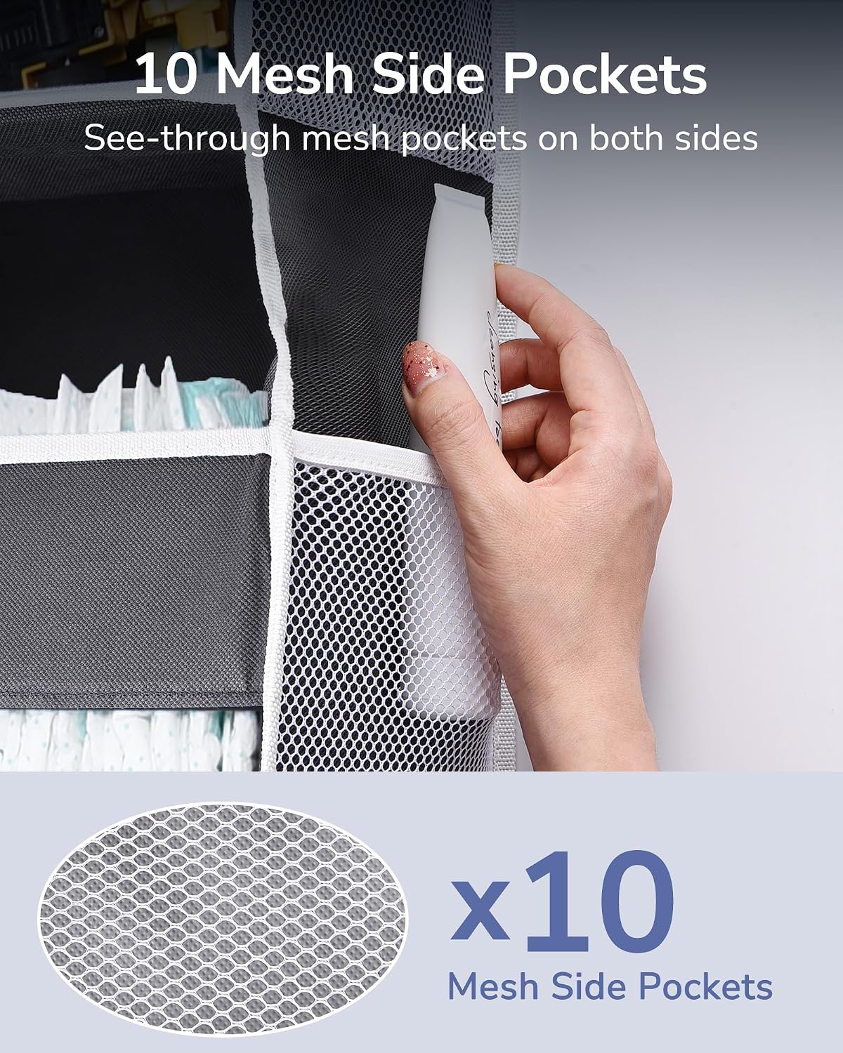 Over Door Organizer with 5 Large and 10 Mesh Side Pockets, 44 lbs Weight Capacity Hanging Storage with Clear Window Kids Toys, Shoes, Diapers, Dark Grey, 5 Layers