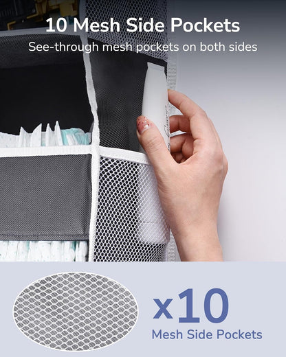 Over Door Organizer with 5 Large and 10 Mesh Side Pockets, 44 lbs Weight Capacity Hanging Storage with Clear Window Kids Toys, Shoes, Diapers, Dark Grey, 5 Layers