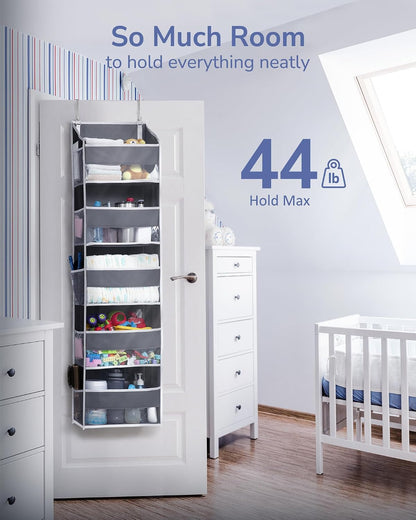 Over Door Organizer with 5 Large and 10 Mesh Side Pockets, 44 lbs Weight Capacity Hanging Storage with Clear Window Kids Toys, Shoes, Diapers, Dark Grey, 5 Layers