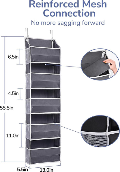 Over Door Organizer with 5 Large and 10 Mesh Side Pockets, 44 lbs Weight Capacity Hanging Storage with Clear Window Kids Toys, Shoes, Diapers, Dark Grey, 5 Layers