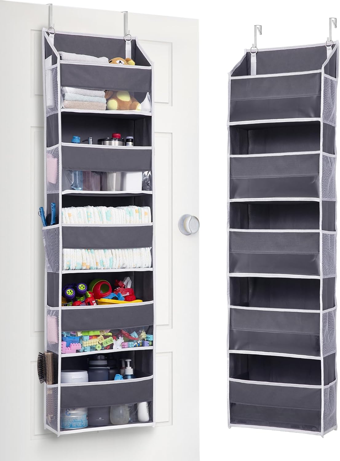 Over Door Organizer with 5 Large and 10 Mesh Side Pockets, 44 lbs Weight Capacity Hanging Storage with Clear Window Kids Toys, Shoes, Diapers, Dark Grey, 5 Layers