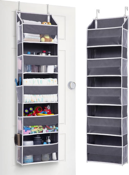 Over Door Organizer with 5 Large and 10 Mesh Side Pockets, 44 lbs Weight Capacity Hanging Storage with Clear Window Kids Toys, Shoes, Diapers, Dark Grey, 5 Layers