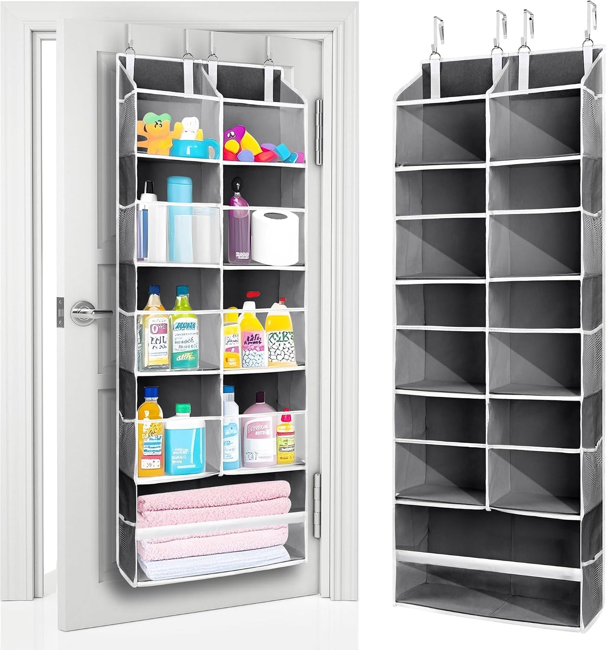 Over Door Organizer with 5 Large and 10 Mesh Side Pockets, 44 lbs Weight Capacity Hanging Storage with Clear Window Kids Toys, Shoes, Diapers, Dark Grey, 5 Layers