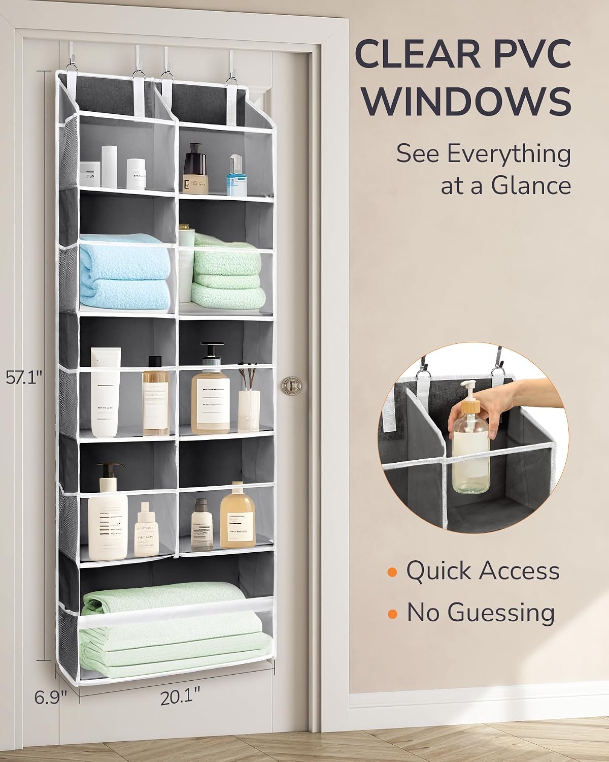 Over Door Organizer with 5 Large and 10 Mesh Side Pockets, 44 lbs Weight Capacity Hanging Storage with Clear Window Kids Toys, Shoes, Diapers, Dark Grey, 5 Layers
