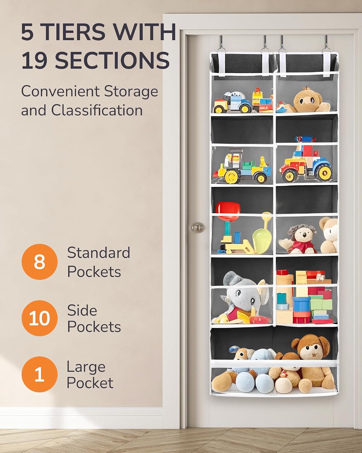 Over Door Organizer with 5 Large and 10 Mesh Side Pockets, 44 lbs Weight Capacity Hanging Storage with Clear Window Kids Toys, Shoes, Diapers, Dark Grey, 5 Layers