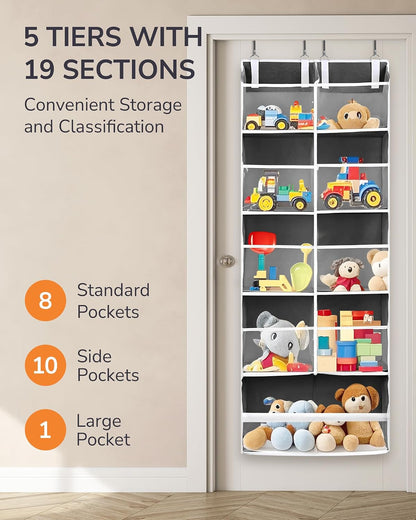 Over Door Organizer with 5 Large and 10 Mesh Side Pockets, 44 lbs Weight Capacity Hanging Storage with Clear Window Kids Toys, Shoes, Diapers, Dark Grey, 5 Layers