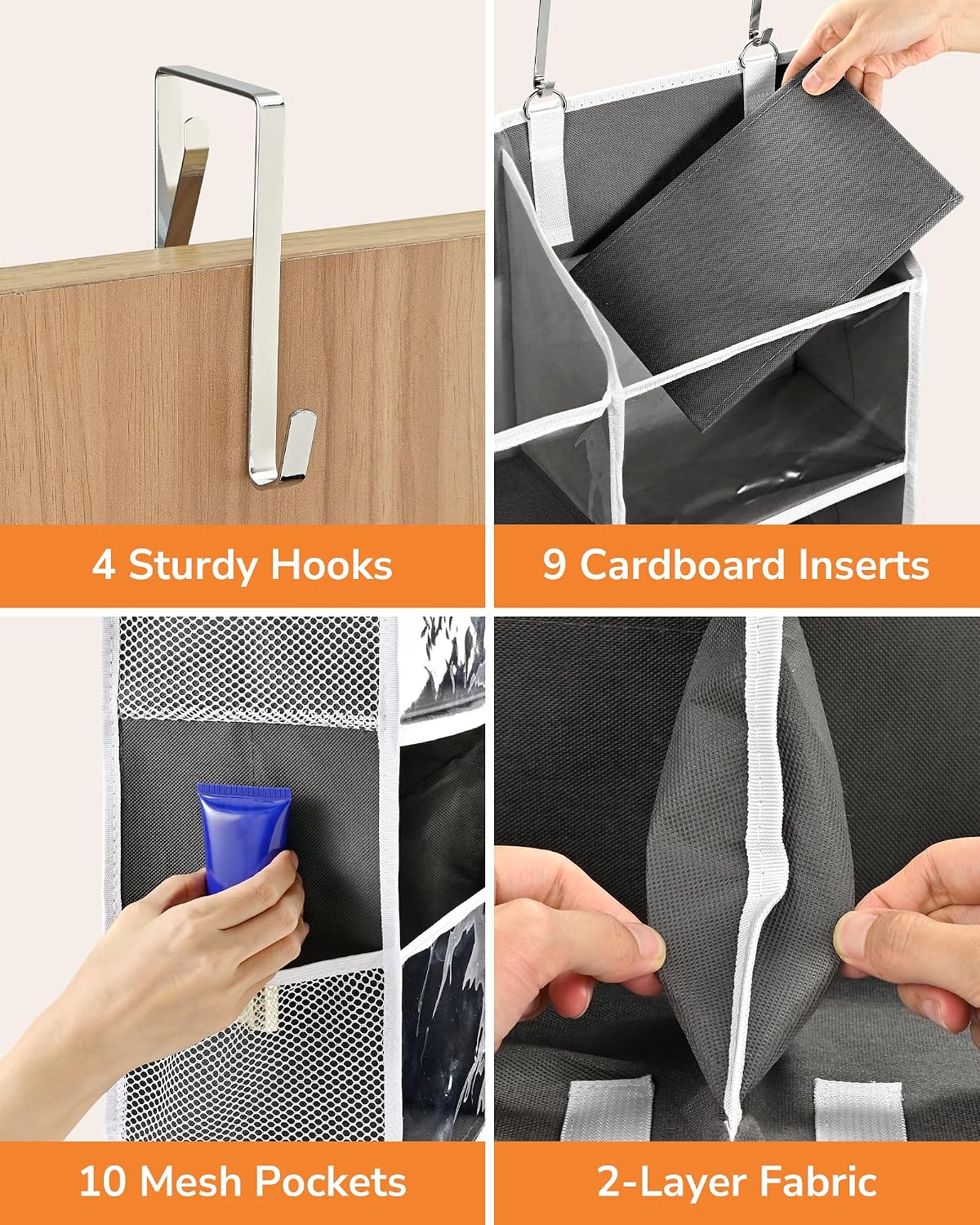 Over Door Organizer with 5 Large and 10 Mesh Side Pockets, 44 lbs Weight Capacity Hanging Storage with Clear Window Kids Toys, Shoes, Diapers, Dark Grey, 5 Layers