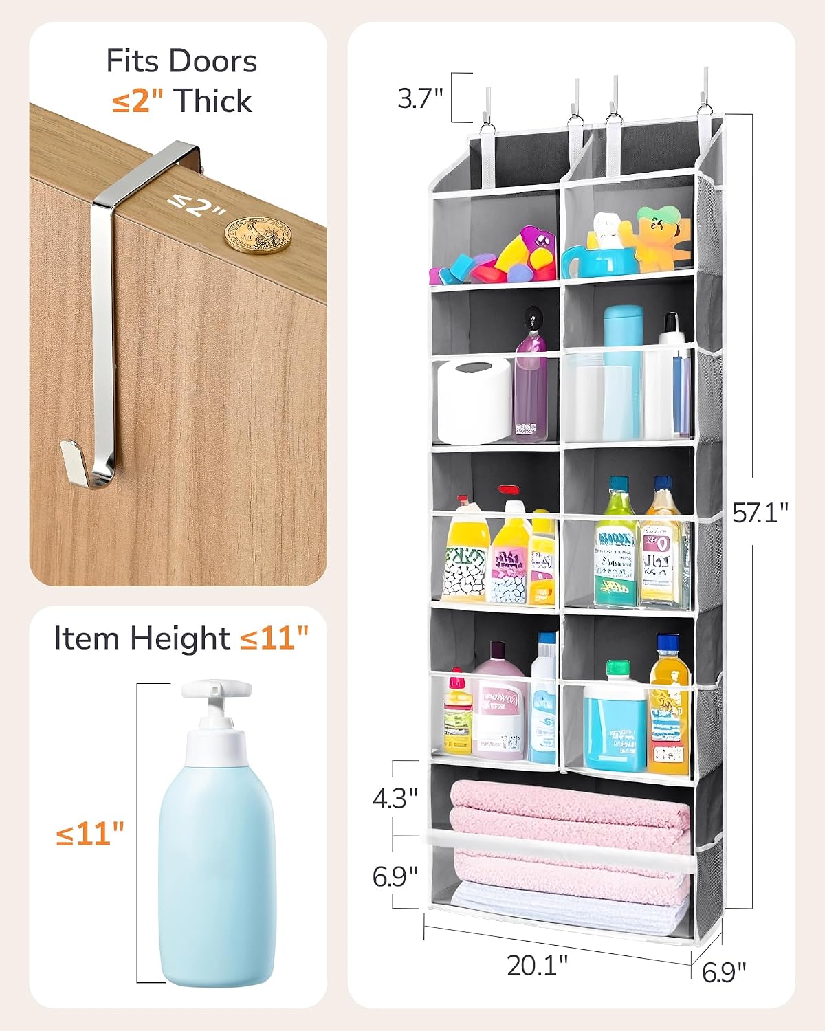 Over Door Organizer with 5 Large and 10 Mesh Side Pockets, 44 lbs Weight Capacity Hanging Storage with Clear Window Kids Toys, Shoes, Diapers, Dark Grey, 5 Layers