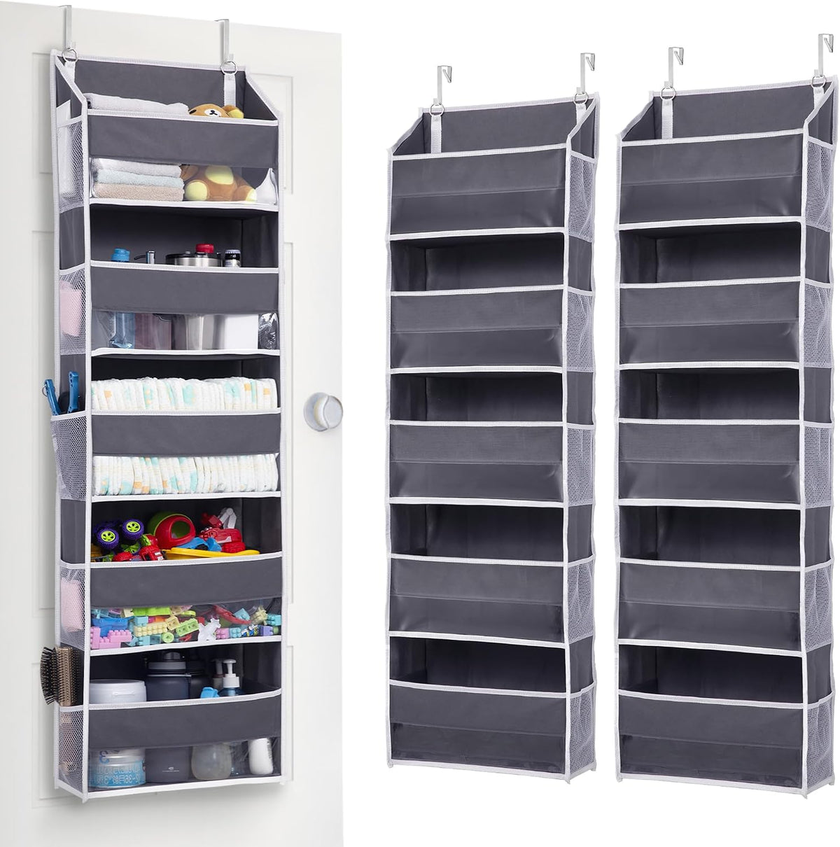 Over Door Organizer with 5 Large and 10 Mesh Side Pockets, 44 lbs Weight Capacity Hanging Storage with Clear Window Kids Toys, Shoes, Diapers, Dark Grey, 5 Layers