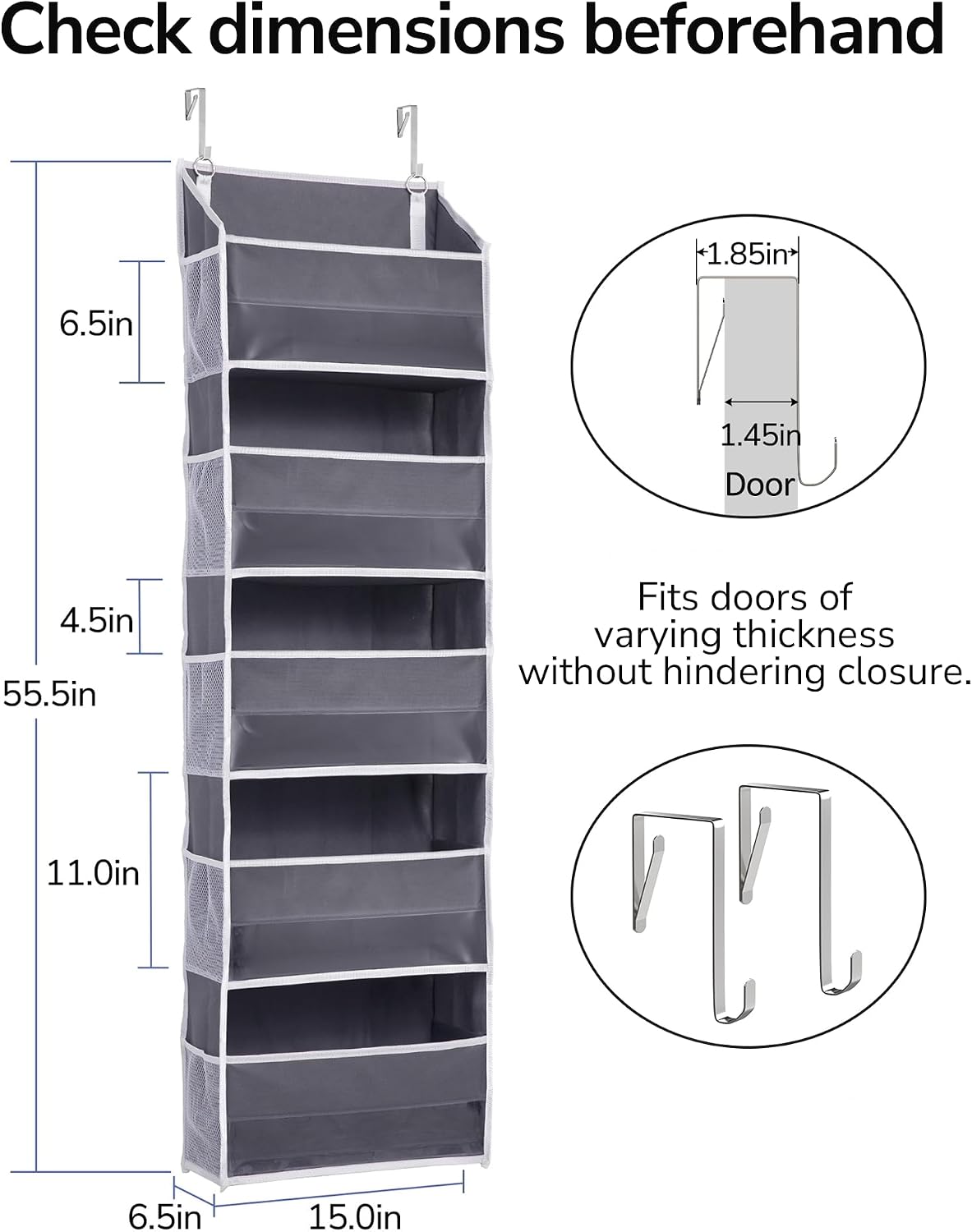 Over Door Organizer with 5 Large and 10 Mesh Side Pockets, 44 lbs Weight Capacity Hanging Storage with Clear Window Kids Toys, Shoes, Diapers, Dark Grey, 5 Layers