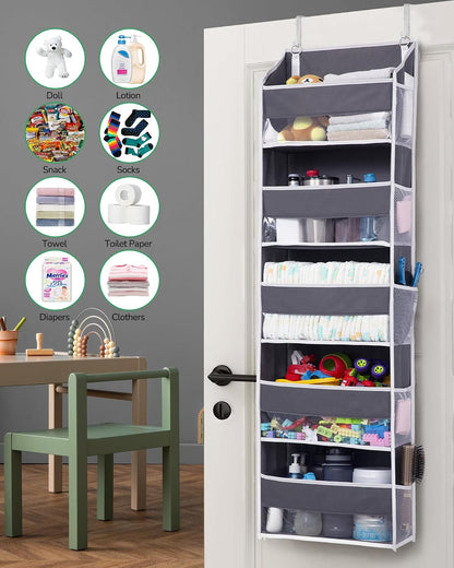 Over Door Organizer with 5 Large and 10 Mesh Side Pockets, 44 lbs Weight Capacity Hanging Storage with Clear Window Kids Toys, Shoes, Diapers, Dark Grey, 5 Layers