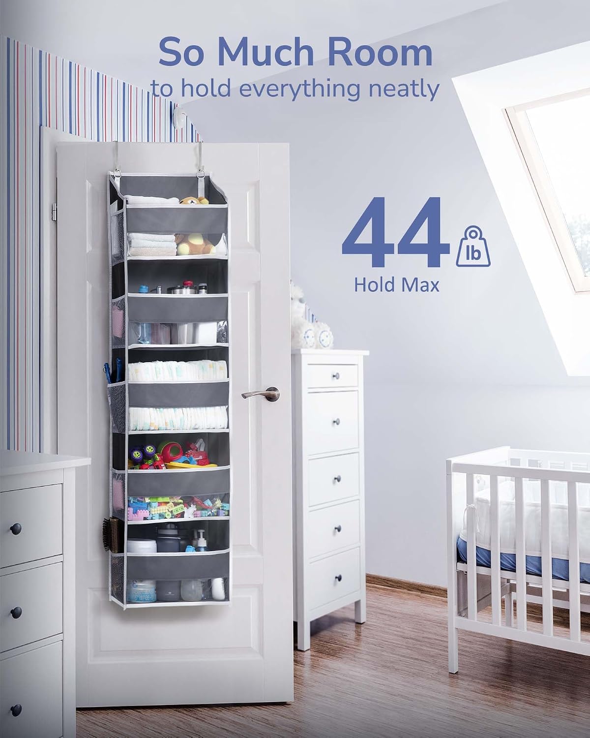 Over Door Organizer with 5 Large and 10 Mesh Side Pockets, 44 lbs Weight Capacity Hanging Storage with Clear Window Kids Toys, Shoes, Diapers, Dark Grey, 5 Layers