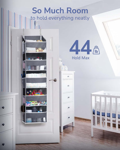 Over Door Organizer with 5 Large and 10 Mesh Side Pockets, 44 lbs Weight Capacity Hanging Storage with Clear Window Kids Toys, Shoes, Diapers, Dark Grey, 5 Layers